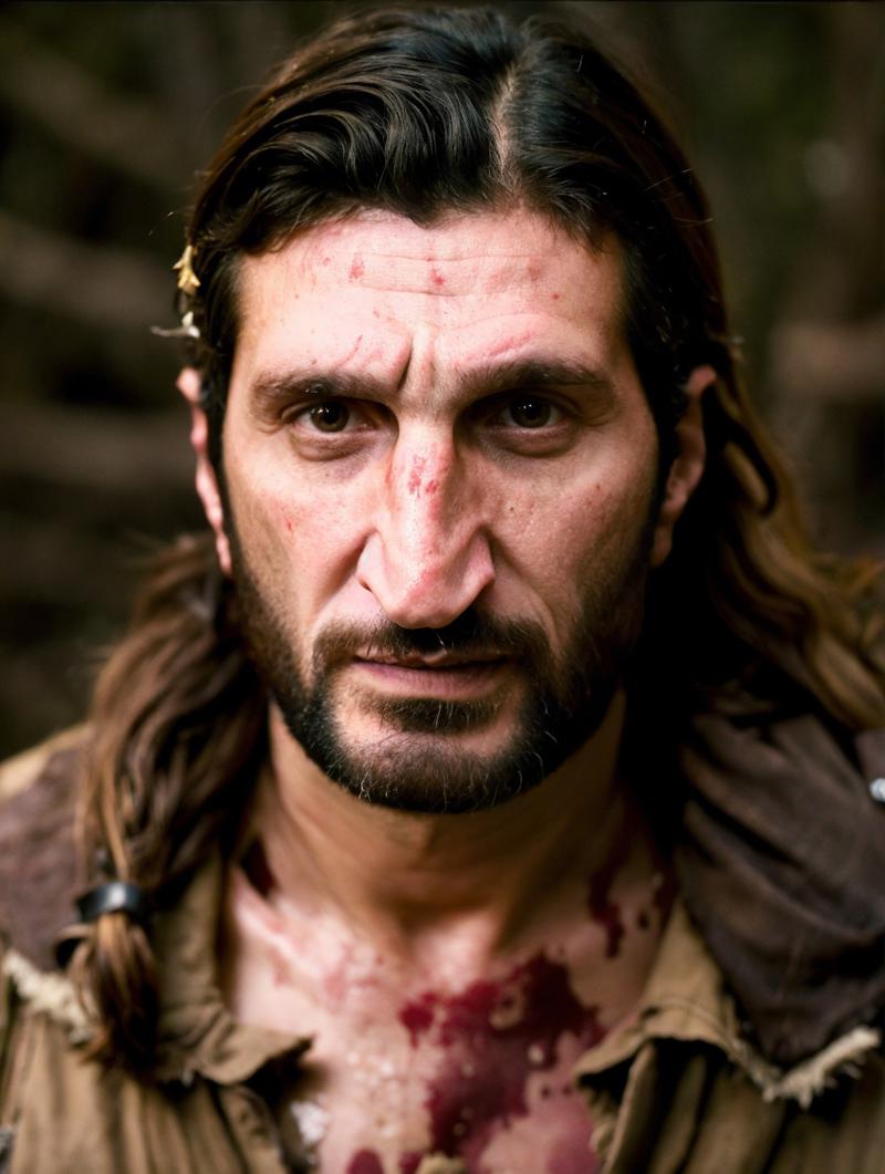 05597-2976155662-chest portrait photo of (Fares Fares_1.3) wearing viking warrior clothes, bloody face, front view, in the woods forrest, middle-.jpg